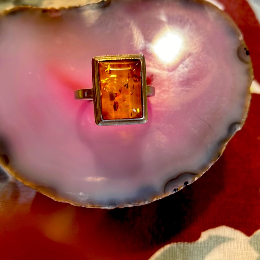 Golden Amber ring in Sterling Silver band